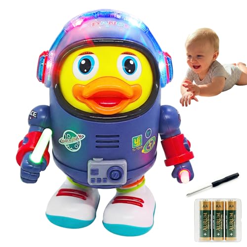 Musical Dancing Space Duck Toy Walking Duck Robot with Lights & Sounds Crawling Interaction & Tummy Time Toy for Babies Toddlers Birthday Gift (Blue)