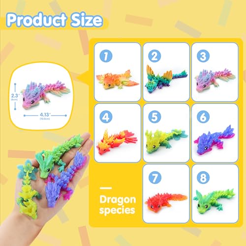 Image of JOYIN 8 Pcs 3D Printed Dragon, 4.4 inch Colorful 3D Printed Flexible Articulated Dragon Fidget Toys for Office Desk Decor, Autism Stress Relief Fidget Toys for Kids & Adults Gift
