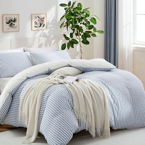 Image of Oli Anderson 100% Cotton Waffle Comforter Set King Size, 3 Pieces Lightweight Breathable All Season Bed Comforter, Soft Skin-Friendly Blanket for Bedroom Guest Room, Machine Washable, Blue