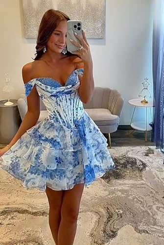 Off Shoulder Floral Short Homecoming Dresses Lace Tiered Chiffon A Line Cocktail Party Dress HM3394
