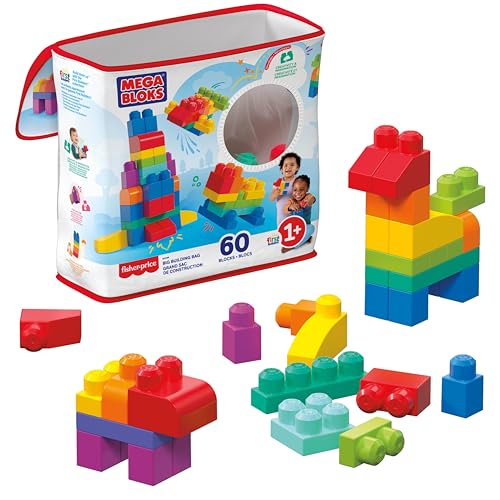 Mega Bloks, Bausteine für Kinder ab 1 Jahr, 60 Bauklötze, mit wiederverwendbarem Aufbewahrungsbeutel, fördert Kreativität und Fantasie, Spielzeug ab 1 Jahr, DCH55