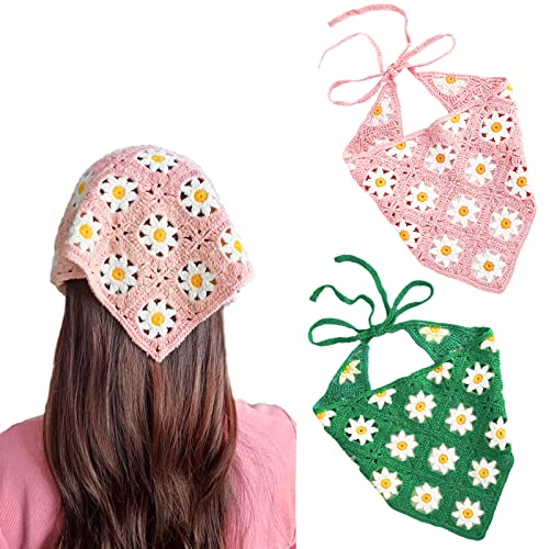Yanmucy 2 PCS Crochet Hair Bandanas for Women Boho Floral Head Scarf Crocheted Triangle Head Scarf Vintage Flowers Hair Scarf