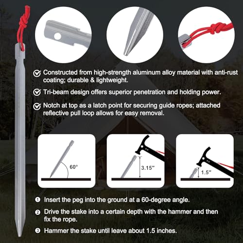 Image of Eurmax USA Hiking Camping Tent Stakes and Hammer Set Lightweight Multi-Function Tent Hammer with Tent Stake Remover,Tent Pegs for Camping, Hiking, Backpacking, Gardening(Silver Stakes)