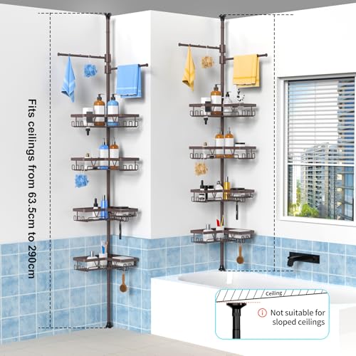 Image of KEGII Shower Caddy Tension Pole with 2 Towel Bars, Adjustable Corner Bathroom Organizer, Rustproof Bathtub Storage Shelves for Shampoo, 25-114.2 Inch Shower Corner Rack for Renters & Family, Bronze