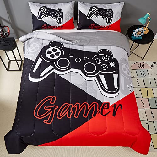 Akkialla Gaming Comforter Sets For Kids Teen Boys,Video Games Controller Pattern Bedding Set For Room Decor, Full Size 3-Piece Reddish Black Gamer Comforter With 2 Pillowcases,All Season(Red,Full) #TOP1