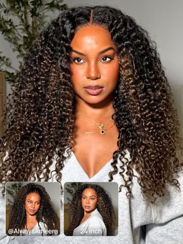 Image of Sunber Black to Chestnut Brown Ombre Curly Human Hair Glueless Wig With With Finger Coily Ends Bye Bye Knots Pre Cut 7X5 Lace Front Drawstring Wig Burmese Curly Wigs Pre Plunked Invisible Knots 24Inch