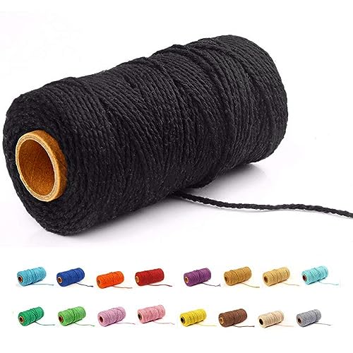 (109 Yards/1.5mm/35 Colors Optional) Macrame Cord Craft Macramé Cotton Baker Twine Craft Making Knitting Cord Rope DIY Wedding Decor Supply Christmas Wrapping String Rope (Black)