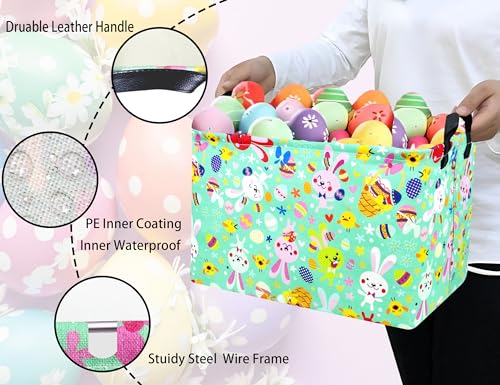 Image of Large Rectangular Easter Baskets Empty Waterproof Boy Toy Box Foldable Kid's Gifts Storage Bin Spring Room Decor(Green Dancing Rabbit)