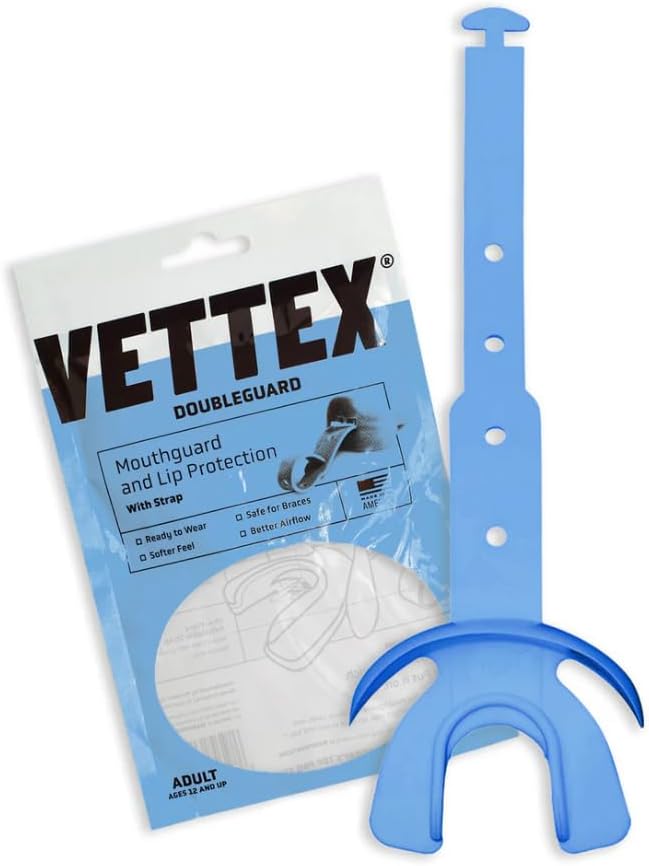 Vettex Double-Guard Adult-Size Mouthguard with Lip Protection, Adjustable Strap & Airflow (10 Mouth Guards, Columbia Blue 25CB) - High School and College Football & Contact Sports - Safe for Braces