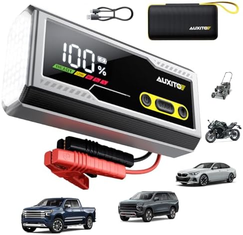 Close-up view of the AUXITO jump starter showing the LCD display, buttons, and ports