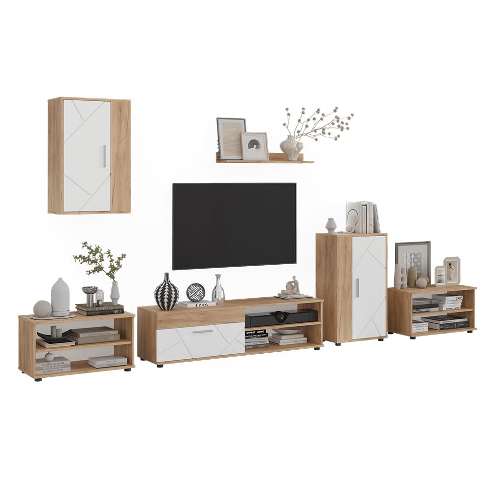 Vicco Parete attrezzata soggiorno Berno, Rovere dorato/Bianco, Set da 6 pezzi