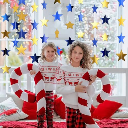 Image of Gold Blue Glitter Star Garland Hanging Decorations, Streamer Bunting Banner Decorations,65 Feet, Twinkle Star Backdrop for Graduation, Birthday, Wedding, Christmas Party, New Year (Gold Blue)
