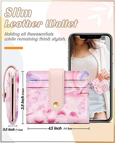 Image of Bistup Small Card Wallet for Women with Keychain, Pink Agate | Clear ID Window, Compact Design for Daily Carry, Durable Material, Sturdy Keychain, Aesthetic
