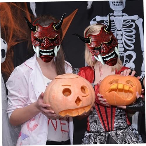 Masque Oni avec cornes de bœuf et détails de démon rouge effrayant - 2