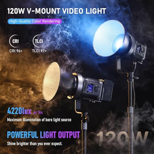 Image of ULANZI V-Mount LED Video Light COB Continuous Output Lighting, 120W Bi Color 2700K-6500K COB Bowens Mount Photography Fill Light 20700lux /1m 20 Preset Effects with APP Control Studio Light