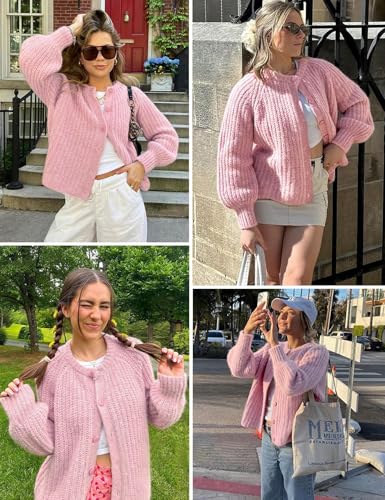 Image of Women's Casual Puff Long Sleeve Crew Neck Cardigan Button Down Open Front Knit Loose Sweater Outwear