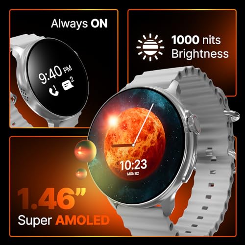 Image of CrossBeats Aura Round 1.46 inch Super AMOLED Smart Watch, Always On, Advanced AI ENC Bluetooth Calling, in-Built Games, Fast Charge, Rotating Crown, 123+ Sports Modes, 454 x 454 Pixel (Silver, Silver)