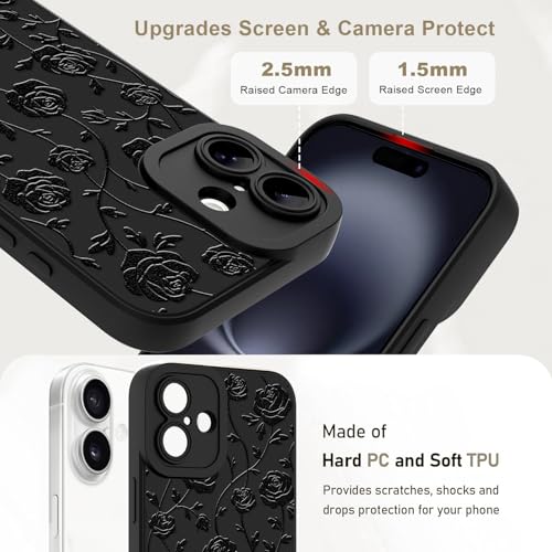 Image of Designed for iPhone 16 Case, Cute Rose Flower Floral Pattern Design, Slim Soft TPU Liquid Silicone Protective Cover for Women Girls - Black