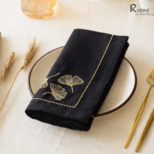 Image of R home Black Leaf Luxe Cotton Slub Table Napkins Set of 6 | 45x45 cm | Zari Embroidered Cloth Napkins | Elegant Dining & Cocktail Napkins | Premium Table Linen for Dining, Parties & Home Decor