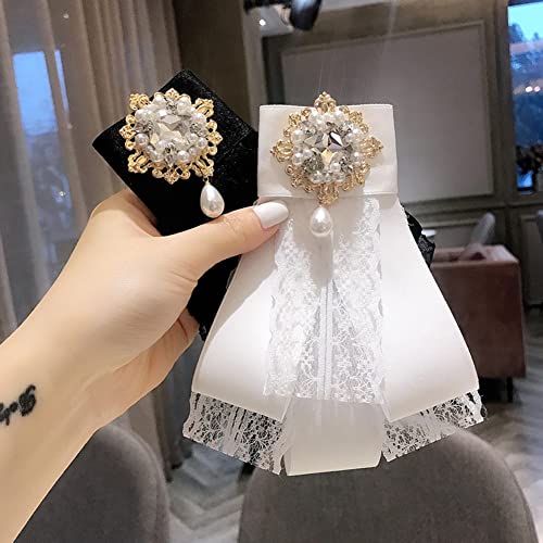 Image of Lace Ribbon Bow Tie Brooch Rhinestone Pearl Necktie for Girl Women Fashion jabot collar brooch pins Pre-Tied Corsage
