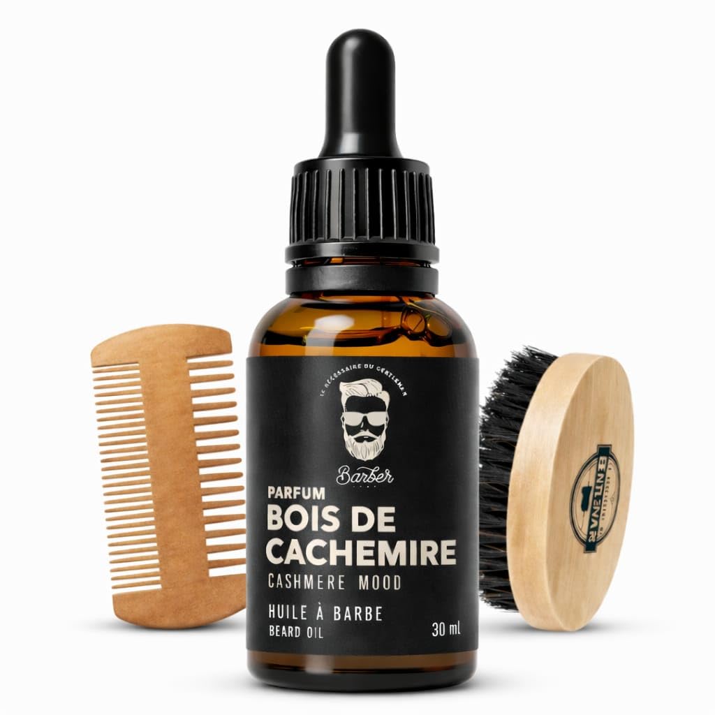 ORIGEN aceite de barba para hombre aroma cachemira con cepillo de madera y peine de doble cara kit cuidado barba para hidratar, suavizar y peinar barba corta o larga uso diario