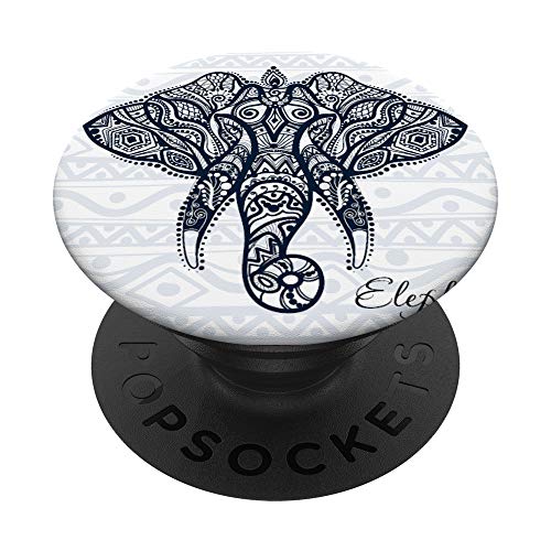 Boho Floral Negro Elefante Tribal Patrón Étnico Base Blanca PopSockets PopGrip Intercambiable Cover