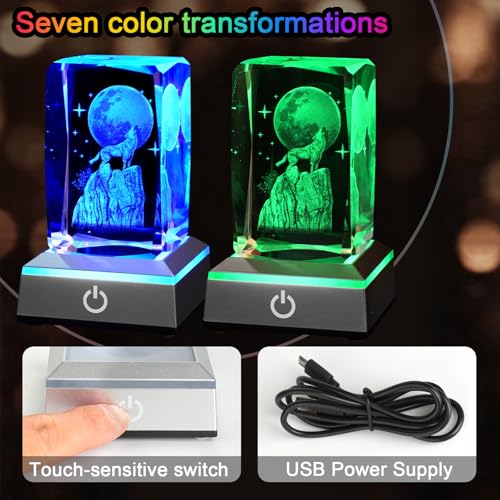 Image of 3D Wolf Crystal Night Light with Multicolor LED Base Glass Laser Engraved Wolf Figurines Statue Gifts for Boys Girls Birthday Christmas Room Decor