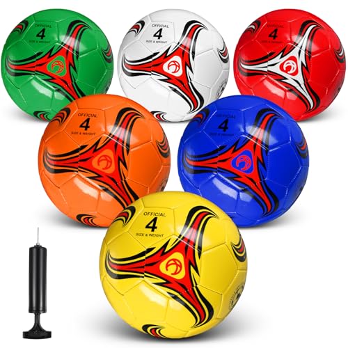 Deekin 6 Pcs Soccer Ball Bulk with Pump Size 5/4/3 Soccer Ball for Indoor Outdoor Sport Practice Competition Sport Training Accessories for Youth Adults(Size 4,Stylish)