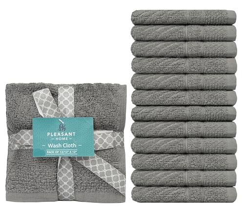 Image of PH Pleasant Home Diagonal Wash Cloths Set - 12 Pack (12 inch x 12 inch) - 509 GSM - 100% Ring Spun Cotton Wash Cloth - Super Soft and Highly Absorbent Face Towels (Dark Grey)