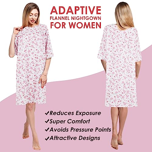 Personal Touch Women's Adaptive Flannel Backwrap Gown Open Back (Small Pink Flowers-16, Small)