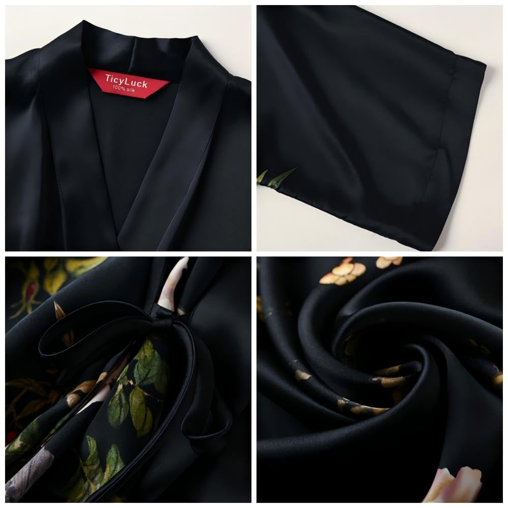 Image of Women's Silk Kimono Robe Short Bathrobe Nightgown 100% Mulberry Silk for Women - Classic Floral Pattern