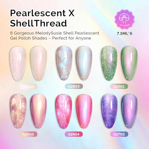 Image of MelodySusie Pearl Gel Nail Polish Set, 6 Colors Aurora Shimmer White Green Pink Purple Blue Iridescent Mermaid Drawing Glitter Gel Polish Soak Off Swirl Shell Thread Effect Nail Art Gifts for Women