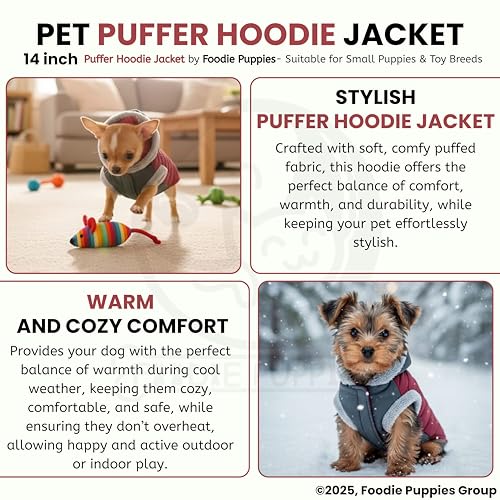 Image of Foodie Puppies Dog Puffer Hoodie Warm Winter Jacket - (Maroon Grey, 14 Inch) for Small Puppies | Ultra Warm Waterproof & Windproof Fur Coat | Washable Pet Vest Apparel for Cold Weather