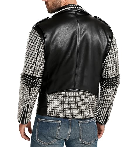 Image of Men's Studded Cowhide Leather Biker Jacket - Punk Rock Spiked Brando Coat | Classic Biker Collar Covered In Heavy Metal Cone Spikes Design