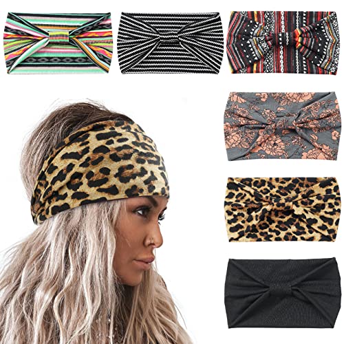 Tyfthui 6 Pcs Wide Headbands For Women, Stylish Knotted Cotton Cloth Head Wraps, Boho Headbands For Women African Wide Hair Wraps For Black Women Sport Yoga Turban Headband Hair Accessories (Boho) #TOP4