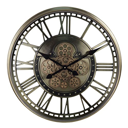 Große Retro-Wanduhr aus Metall, Eisen, 53,3 cm, römische Ziffern, mechanische bewegliche Zahnräder, leise, nicht tickende Wanduhr, rund, batteriebetrieben, für Wohnzimmer, Büro, Restaurant (Farbe: K Cover