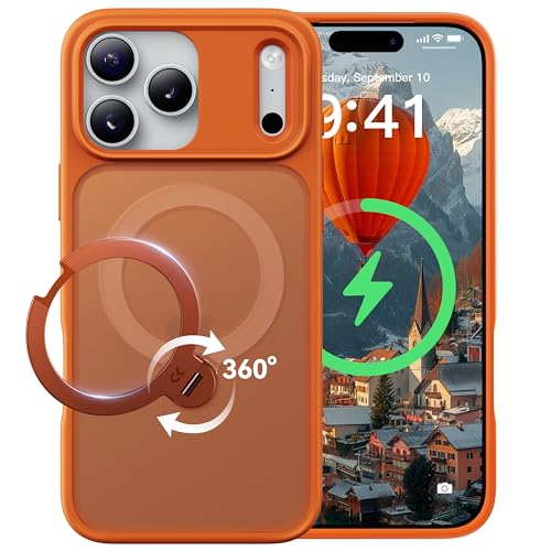 【2026最高傑作&定点360度回転】CASEKOO iPhone 17 Pro 用 ケース MagSafe対応 米軍MIL規格 360°全方向耐衝撃 【横縦両立・角度自由調整】最大25W急速充電対応 指紋防止/マット仕上げ/黄変防止/半透明 ラップホール付き ワイヤレス充電対応 いphone17pro 用ケース 6.3インチ「MagicStand Pro」(オレンジ)