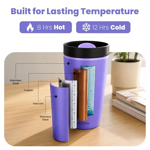 Image of Rioware Vacuum Insulated Coffee Mug Travel Tumbler for Men | Tea Thermos Flask Mugs | Temperature Control Traveling Spill Proof Sipper Bottle | Hot 8 Hrs & Cold 12 Hrs - 350ml - Purple