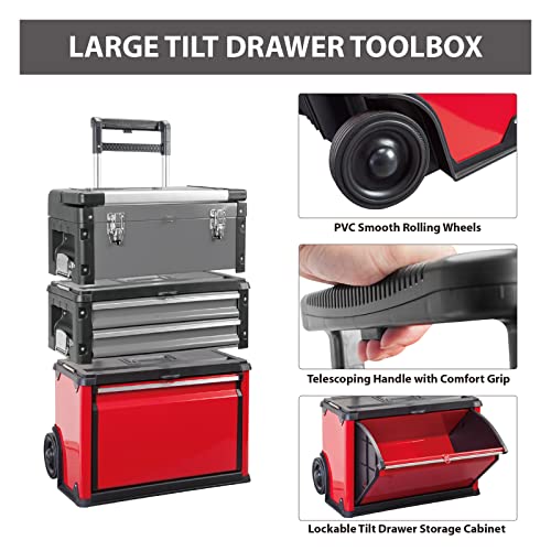 Big Red Trjf-C305Abd Torin Garage Workshop Organizer: Portable Steel And Plastic Stackable Rolling Upright Trolley Tool Box With 3 Drawers, 20.5" L X 12.6" W X 28.4" #TOP6