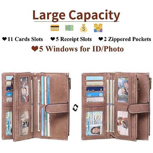 Image of GOIACII Large Wallet for Women Leather Wristlet Dusty Pink | RFID Blocking, Multi-card Slots, Detachable Wrist Strap, Trifold Clutch Purse