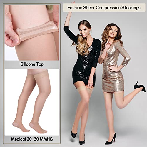 3 Pairs Thigh High Sheer Compression Socks 20-30 Mmhg Sheer Compression Stockings With Silicone Top For Women Ladies (Large) #TOP5