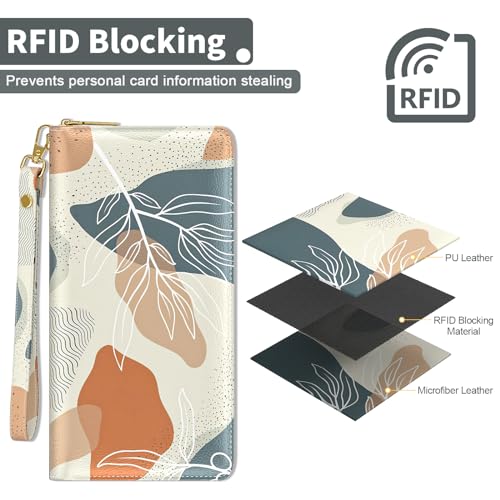 Image of Nipichsha Womens Wallet, RFID Wristlet Wallet for Women, Cute Ladies Purse, Large Credit Card Clutch Wallets, Leather Card Holder Wallets with Zipper & Phone Holder, Abstract Boho Leaf