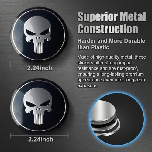 EJOWMOW 4 PCS Car Wheel Center Hub Caps, Metal Fanged Skull Tire Center Hub Sticker, Scratch-resistant Tight Fit Wheel Rim Protective Cover, Self-adhesive Exterior Accessory for Most Cars (Black)