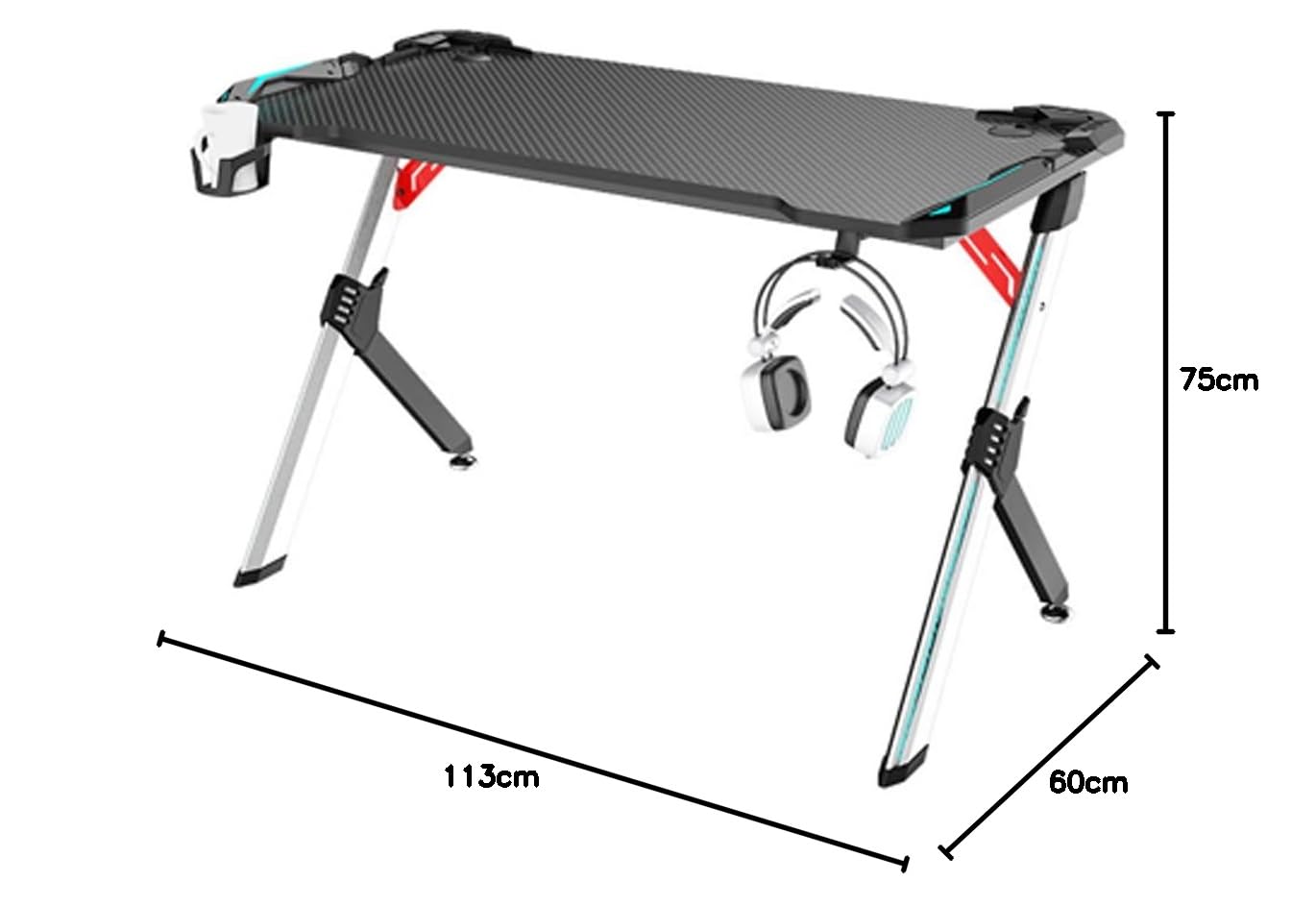 Bureau Gamer LED RGB, 113 x 60 x 75 cm, Support Casque et Gobelet, Noir/Rouge
