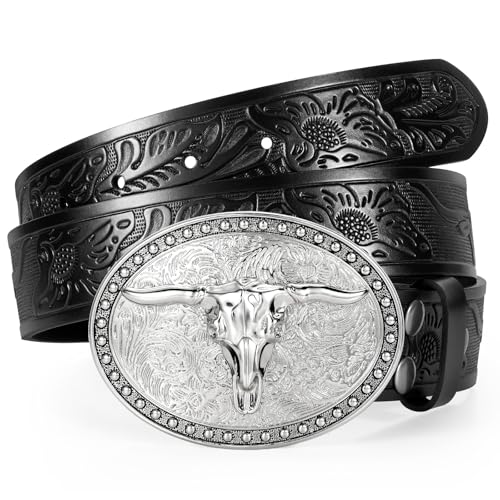 Western Belts for Men Women, Cowboy Cowgirl Belt Embossed Western Country Leather Belts for Jeans