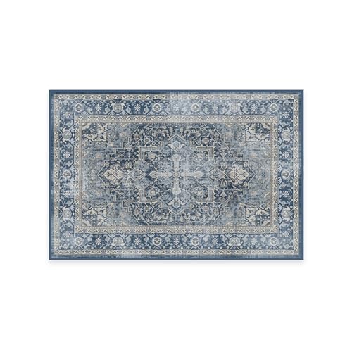 RUGGABLE Washable Area Rug – Kamran Admiral Blue 2x3, Stain-Resistant, Non-Slip – Small Machine Washable Rugs for Living Room, Bedroom, Hallway, Entryway & Bathroom–with Standard Pad