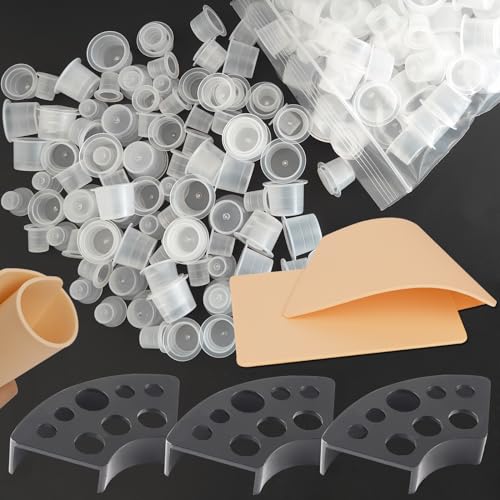 Image of Emalla 305Pcs 3mm Tattoo Skin and Ink Caps Kit Tattoo Supplies for Beginner | 2Pcs Fake Skin Practice and 3Pcs Black Tattoo Ink Cups Holder with 300Pcs Tattoo Ink Caps 100 Small 100 Medium 100 Large