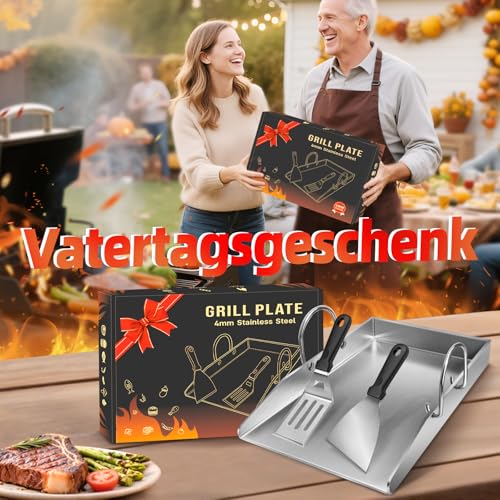 Grillplatte Plancha Geschenke für Männer Frauen, mit 2 Grillspachtel Set, 4mm Dickem Edelstahl BBQ mit Abnehmbar Griffen, für Gasgrill und Holzkohlegrill 40 x 30 x 4 cm,