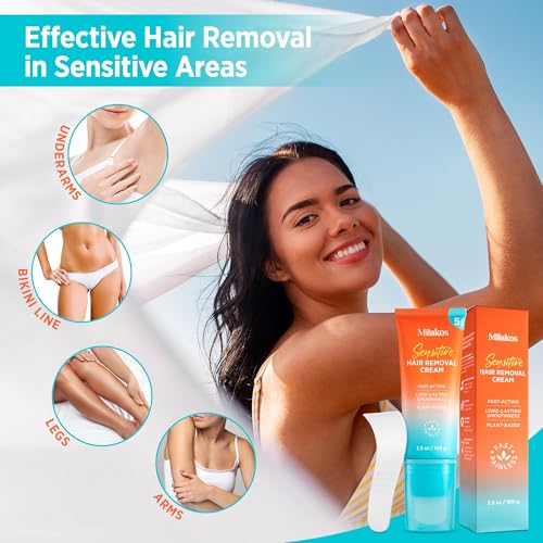 Milakos Hair Removal Cream for Women & Men, Depilatory Cream for Bikini Pubic & Intimate Areas Legs Arms Underarms - Fast, Painless, Soothing to Remove Unwanted Body Hair (Pack of 1)