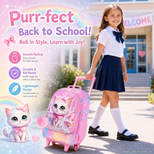 Image of CCJPX 3PCS Rolling Backpack for Girls, Kids Cat Roller Wheels School Bookbag with Lunch Bag, Wheeled School Bag for Toddler Elementary Children